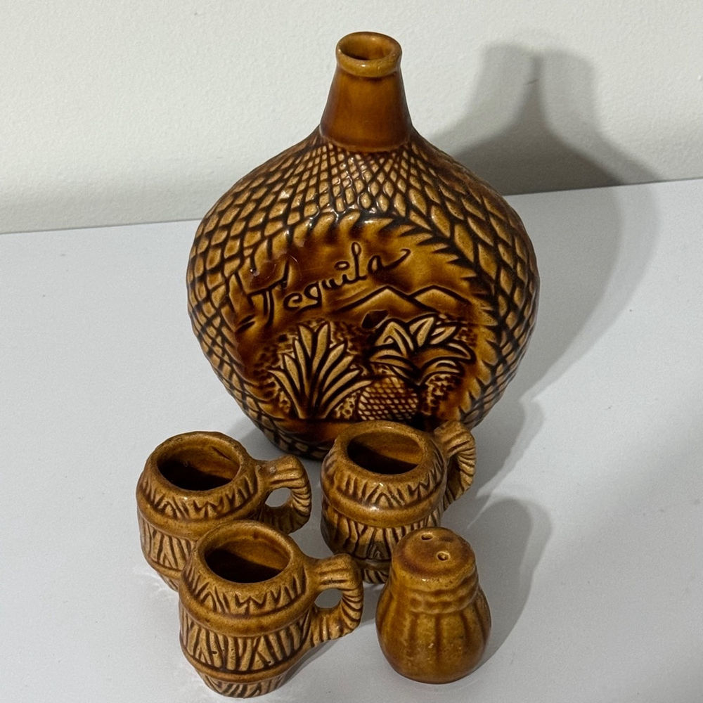 Vintage Tequila Bottle and 4 Shot Glasses